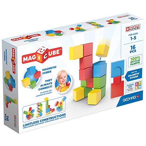 Geomag Magicube Full Color, Bloques de Construcción Magnéticos para Niños a Partir de 1 Año – Juego de 16 Bloques de 4 Colores Hechos de Plástico 100% Reciclado