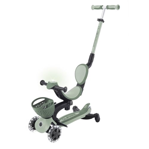 Globber GO•UP Baby 360 Lights – Patinete escalable de 3 Ruedas con Asiento y Respaldo para niños de 15 Meses a 6 años, Verde Salvia