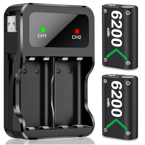 HELLCOOL Bateria para Mando Xbox, 2x6200mWh Pilas Recargables con Cargador Pilas/Cable Carga/Display LED, Compatible Xbox Series X|S/Xbox OneX|S|Elite Controller – 25 Horas de Juego