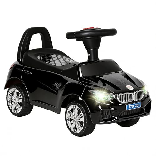 HOMCOM Coche Correpasillos para Niños de 18-36 Meses Andador Correpasillos con Faros Música Bocina Volante Espacio de Almacenaje y Asa para Empujar 63,5x28x36 cm Negro