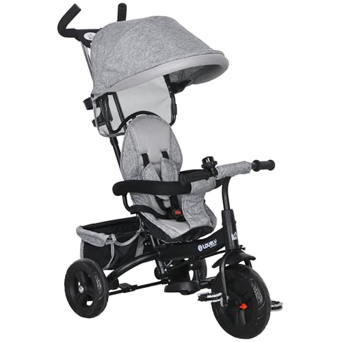HOMCOM Triciclo Evolutivo para Bebés 6 en 1 Triciclo para Niños de 1-5 Años Bicicleta para Niños con Toldo Plegable Mango Telescópico Desmontable Cinturón de Seguridad y Cesto 95x50x106 cm Gris