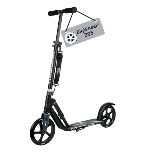 HUDORA Scooter BigWheel 205 – Rodillo de Aluminio Estable – Patinete Urbano Ajustable y Plegable con Soporte – Patín Deportivo para niños y Adultos hasta 100kg – Negro/anthracita