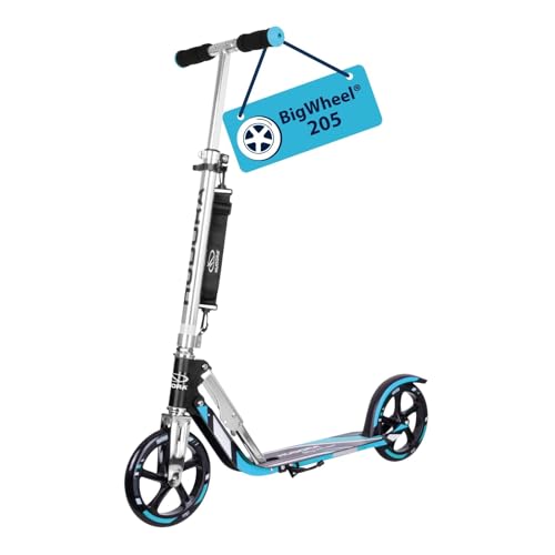 HUDORA Scooter BigWheel 205 – Rodillo de Aluminio Estable – Patinete Urbano Ajustable y Plegable con Soporte – Patín Deportivo para niños y Adultos hasta 100kg – Negro/Azul