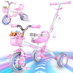 HappyGoLucky Triciclo 5 En 1 Evolutivo Bebe, Bici Bicicleta Niñas 1-3 Años-Ruedas Luminosas/Asa Parental/Asientos&Pedales Regulables, Juguetes Regalo Niña 1-5 Años Juegos Exterior Regalo De Cumpleaños