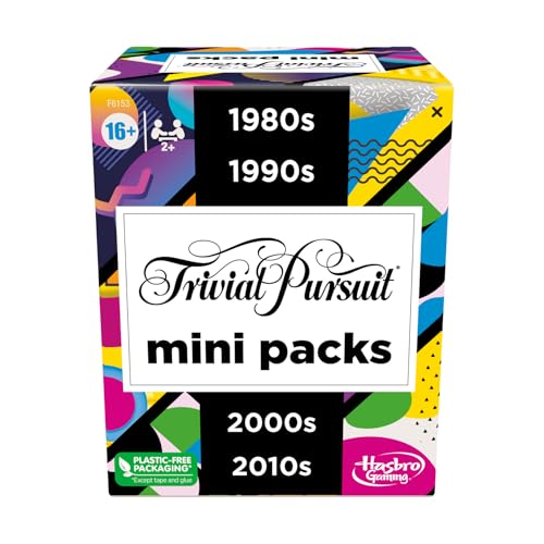 Hasbro Gaming Juegos (Excepto Monopoly) Trivial Pursuit Lote múltiple de minijuegos, Preguntas de Trivia para Adultos y Adolescentes 16+, Incluye 4 Juegos sobre 4 décadas