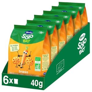 Hero Solo- Snack de Zanahorias y Maíz, Cereales 100% ECO, BIO, con Ingredientes de Agricultura Ecológica y UE, No Fritos, Apto para Bebés a Partir de 10 Meses – Pack de 6 x 40 g