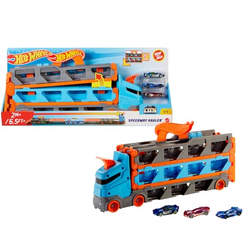 Hot Wheels City – Camión autopista, Pista de Coches de Juguete de 2 Metros con Lanzador, Incluye 3 vehículos (Mattel HGH33)