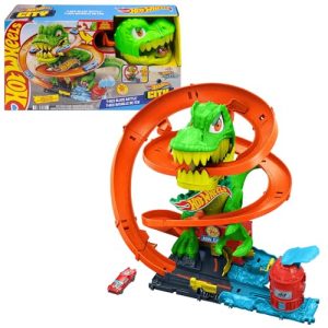 Hot Wheels T-Rex Batalla en llamas Conjunto de pista, conjunto de juego con pista y camión de bomberos metálico de juguete a escala 1:64, 45,72cm de altura, diferentes resultados de carrera, JBM73