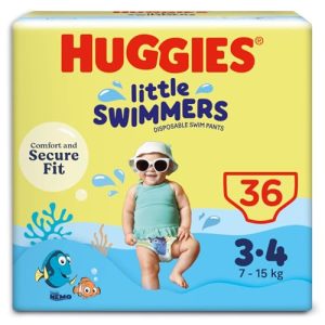 Huggies Little Swimmers Pañales Bañadores para Bebé Talla (3-4), Barreras Anti-Escapes para Una Máxima Protección en el Agua, 36 Pañales Desechables
