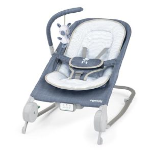 Ingenuity, Asiento Happy Belly «De Hamaca a Mecedora», Música, Vibración, Barra de Juguetes Desmontable, Juguete de Peluche de Cebra, 0-6 Meses, Azul – Chambray