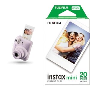 Instax Mini 12 Cámara instantánea, con autoexposición y Lente selfi incluida, Lilax Purple & Fujifilm Mini Brillo Película Fotográfica Instantánea (2 x 10 Hojas), Blanco