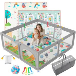 JUPPLIES Parque Infantil Bebe 120x120cm + Alfombra Bebe + Agarraderas + Canasta + 50 Bolas + Bolsas de Transporte | Corralito Bebe con Malla Transpirable (Gris)
