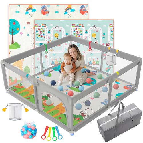 JUPPLIES Parque Infantil Bebe 120x120cm + Alfombra Bebe + Agarraderas + Canasta + 50 Bolas + Bolsas de Transporte | Corralito Bebe con Malla Transpirable (Gris)