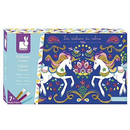 Janod – Estuche Purpurina Unicornios – Les Ateliers Du Calme – Kit Infantil de Manualidades Creativas – Desarrolla la Motricidad Fina y la Creatividad – A Partir de 7 Años, J07883