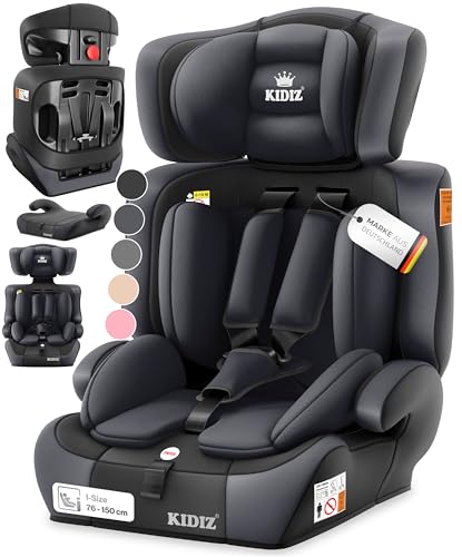 KIDIZ Asiento infantil para coche, grupo 1+2+3, 9-36 kg, cinturón de seguridad de 5 puntos, asiento de coche, reposacabezas ajustable (antracita, asiento para niños)