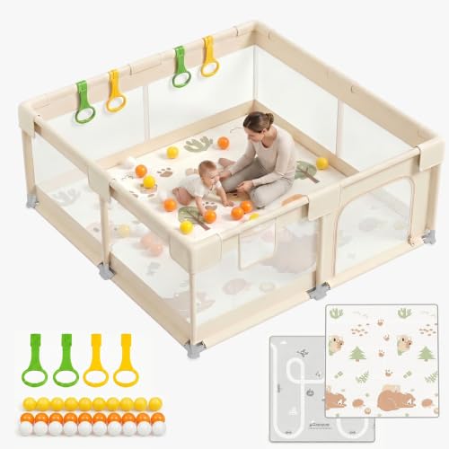 KUQAZ Parque Infantil Bebe con Alfombra – 150x150cm Corralito Bebe Seguro de Tela Oxford, Malla Transpirable 360°, Estructura Estable, Ventosas Potentes y 4 Anillas, Beige