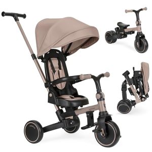 KikkaBoo Triciclo Evolutivo 8 en 1 ALUMA, Triciclo Bebé Desde 1 Año Plegable con Manillar Padres, Asiento Reversible, Capota Ajustable, Arnés 5 Puntos, Marco Aluminio, Beige