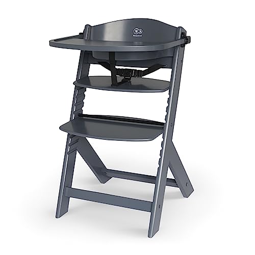 Kinderkraft ENOCK Trona bebé de Madera, Infantil, Portatil, para niños, Evolutiva silla alta, Ergonómica, Con accesorios, Barrera y Bandeja, Gris completo