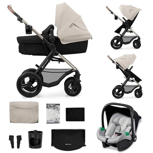 Kinderkraft MOOV 2 AIR, carrito 3 en 1 con capazo y silla de paseo 2 en 1, ruedas grandes inflables, Travel System con silla de coche, hasta 22 kg, Gris