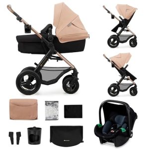 Kinderkraft MOOV 2 AIR, carrito 3 en 1 con capazo y silla de paseo 2 en 1, ruedas grandes inflables, Travel System con silla de coche, hasta 22 kg, Beige
