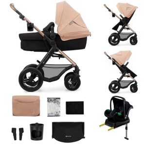 Kinderkraft MOOV 2 AIR, carrito 4 en 1 con capazo y silla de paseo 2 en 1, ruedas hinchables todoterreno, Travel System con MINK PRO i-Size, hasta 22 kg, Beige