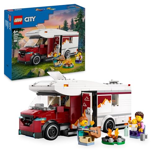 LEGO City Autocaravana Aventurera de Vacaciones, Furgoneta de Juguete y 3 Minifiguras (Mamá, Papá y Bebé), Juego de Viaje con Guitarra y Accesorios, Regalo para Niños y Niñas de 6 Añoso Más 60454