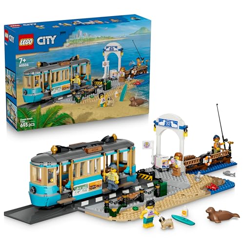 LEGO City Tranvía Clásico de la Costa – Maqueta de Tren de Juguete con Vías, Acera, Playa, 5 Minifiguras y 5 Figuras de Animales – Regalo de Cumpleaños para Niños de 7+ Años – 60506