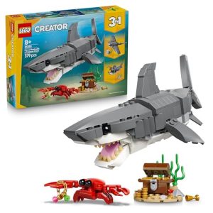 LEGO Creator 3en1 Feroz Tiburón con Cofre del Tesoro de Juguete – Figuras de Animales Marinos Pez Abisal o Mantarraya – Decoración para el Dormitorio – Regalo para Niños y Niñas de 8+ Años – 31381