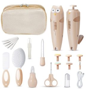 Lictin Set para Cuidado del Bebé-25 en 1 recargable cortaúñas eléctrico para bebé set, Lima de uñas para bebés con iluminación automática, Portátil Kit de Aseo para Bebés, ¡gran idea de regalo (Caqui)