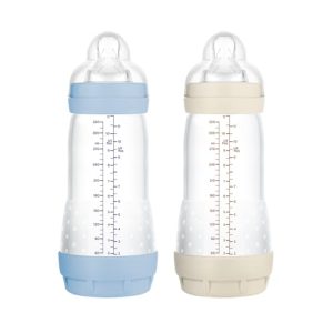 MAM Pack 2 Biberones Anticólicos, a partir de 4 Meses, 320ml, con Tetina 3 Flujo Rápido de Fácil Aceptación, Autoesterilizable y Fácil de Limpiar, MAM Easy Start Anti-Colic, Azul y Neutro, 2uds