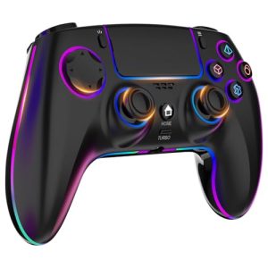MYSTILUCK Mando Inalámbrico para PS4/PS3/Pro/PC/MAC/iOS/Android/Steam Deck, Gamepad con iluminación RGB 7 Colore/Joystick Effect Hall/Doble Vibración/Turbo/Conector para Auriculares/Batería 1500 mAh