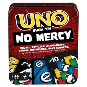 Mattel Games UNO No Mercy, Juego de Cartas con Cartas adicionales, Reglas Especiales y penalizaciones más despiadadas, Juego de Mesa Familiar, para niños y niñas +7 años, HXT57, Caja de Metal