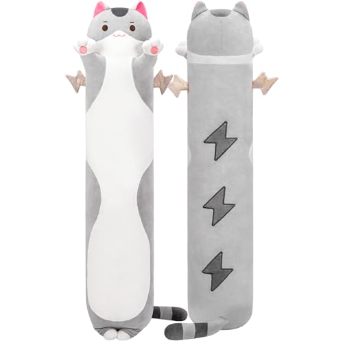 Mewaii Largo Gato de Peluche Almohada 50CM Suave de Gato de Animales Muñecas de Peluche Gato Gris Juguetes Regalo para Niños