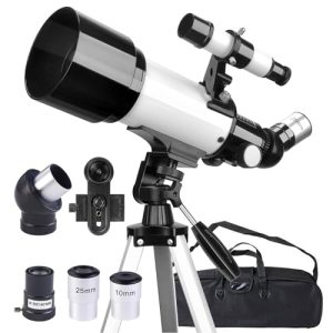 Misilmp Telescopio 70mm Apertura 400mm Telescopios para Adultos Principiantes Astronomía con Lentes, Visor, Trípode, Bolso, Soporte Móvil, Portátil Refractor Telescopio para Niños & Adultos (Blanco)