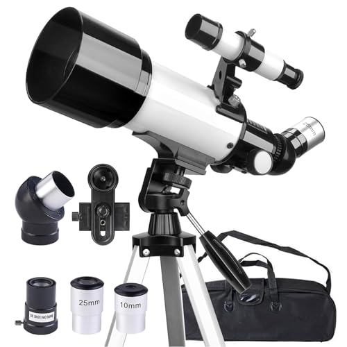 Misilmp Telescopio 70mm Apertura 400mm Telescopios para Adultos Principiantes Astronomía con Lentes, Visor, Trípode, Bolso, Soporte Móvil, Portátil Refractor Telescopio para Niños & Adultos (Blanco)