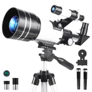 Misilmp Telescopio para Adultos, 70mm Apertura 300mm Telescopios para Principiantes Astronomía con Lentes, Visor, Trípode, Soporte Móvil, Portátil Refractor Telescopio para Niños & Adultos (Blanco)