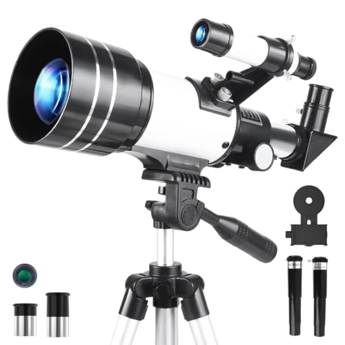 Misilmp Telescopio para Adultos, 70mm Apertura 300mm Telescopios para Principiantes Astronomía con Lentes, Visor, Trípode, Soporte Móvil, Portátil Refractor Telescopio para Niños & Adultos (Blanco)