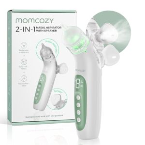 Momcozy Aspirador Nasal Bebe Electrico con 4 Niveles Ajustables, 2 en 1 con Pulverización y Succión de 65 kPa de Grado Hospitalario, Silencioso y Portátil Aspirador Nasal para Bebe con Luz & Música