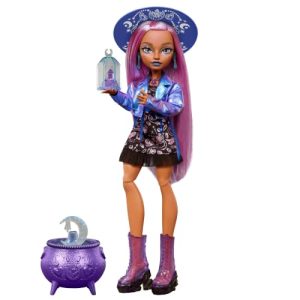 Monster High Muñeca, Moonspell Magic, Layla Stone la Bruja de los Cristales con caldero Sorpresa y Accesorios como Botella de poción y Libro de hechizos, JMB90