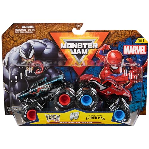 Monster Jam – Pack 2 Coches Juguete Monster Truck Marvel Oficial Escala 1:64 Metálicos: Venom Vs. Spiderman | Coche Juguete | Coches para Niños 3 años o más
