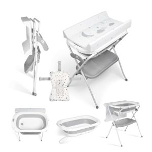 Ms BabyWorld ZOE – Bañera Bebe con Patas, Cambiador, Cojín Reductor y Cesta Portaobjetos – Comoda, Facil de Guardar, con Tapón y Patas Antideslizantes – Bañera Bebé Plegable y Portatil (Gris)
