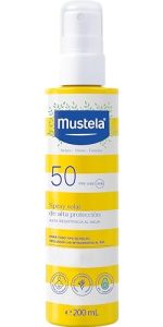 Mustela Leche Solar en Spray Spf 50, Rostro, Cuerpo, Con Aguacate y Vitamina E, Bebés, Niños, Toda la Familia, Adecuada para el Embarazo – Muy Alta Protección contra los Rayos UVB y UVA (200ml)