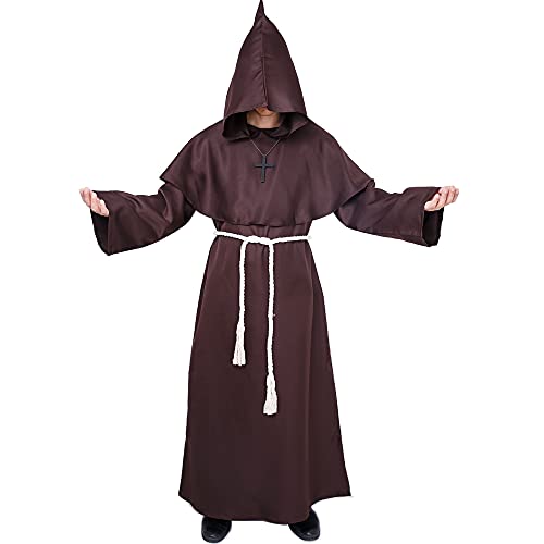 Myir JUN Disfraz Halloween Hombre Adulto, Disfraz Carnaval Disfraces Dedievales Tunica con Capucha Halloween Costume Traje Renacimiento medieval (Marrón, XL)