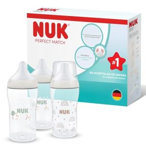 NUK Perfect Match Biberón | 3+ meses | 260 ml | Biberón anticólicos | PP | Indicador de control de temperatura | Arcoíris/Oveja | 3 unidades