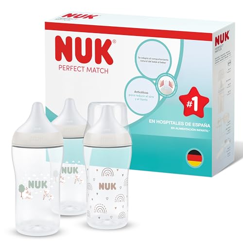 NUK Perfect Match Biberón | 3+ meses | 260 ml | Biberón anticólicos | PP | Indicador de control de temperatura | Arcoíris/Oveja | 3 unidades