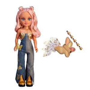 Nancy Gold Makeup Muñeca con Kit de Maquillaje Completo, Lápiz 5 en 1, Tatuajes y Sombras Doradas, Incluye Caja en Forma de Mariposa, Juego Creativo de Belleza, Desde 3 Años, Famosa (NACB5000)