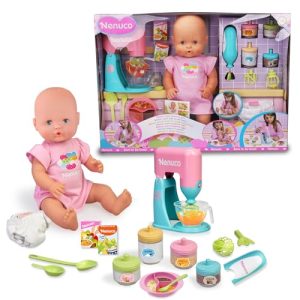 Nenuco – Muñeco bebé con Accesorios de comiditas y merienditas para Hacer Las papillas, con 2 Juguetes electrónicos, batidora y Cuchara, niñas y niños de 4 años, Famosa (NFN43000), Versión Actual