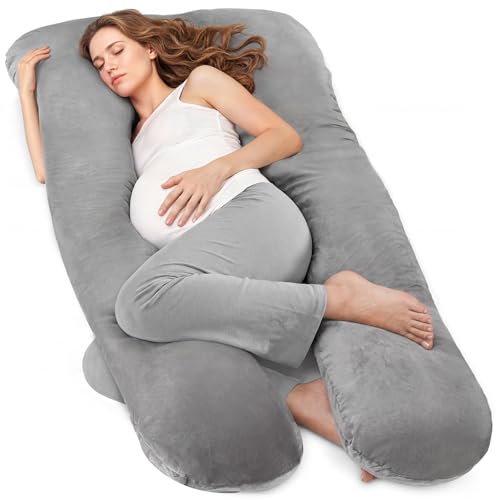 Nuliie Almohada Embarazada Dormir, Cojin Embarazada en Forma de U, Almohada Embarazo para Soporte de Espalda, Caderas y Piernas, Almohada para Embarazadas con Funda de Terciopelo Lavable (Gris)