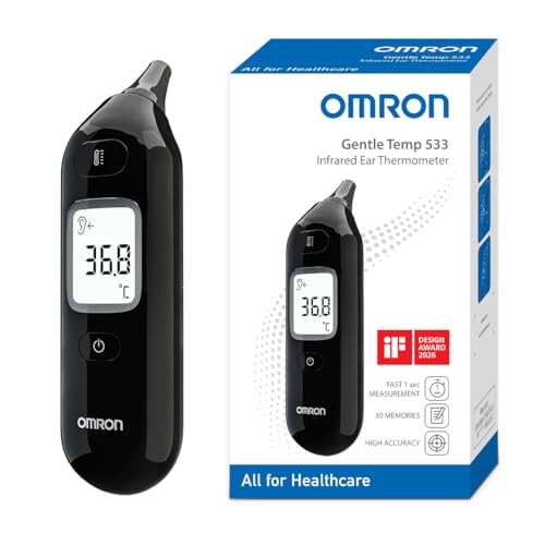 OMRON Gentle Temp 533 Termómetro digital – Termómetro oído bebé e infantil, termómetro infrarrojos sin cubiertas de sonda, medición 1 segundo, preciso, silencioso, memoria 30 lecturas, negro