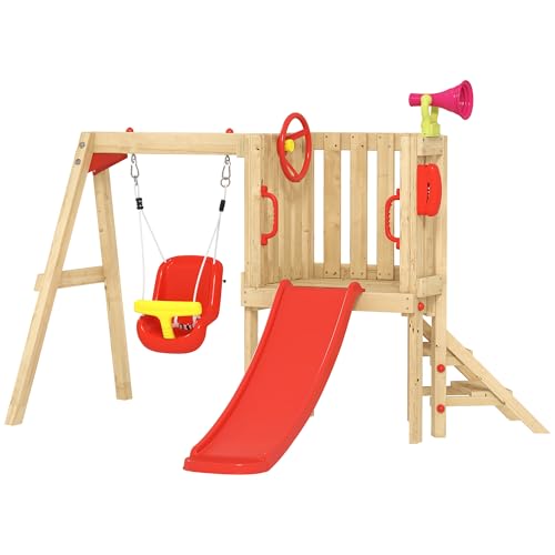 Outsunny Columpio y Tobogán Infantil 5 en 1 Parque Infantil Exterior Rojo